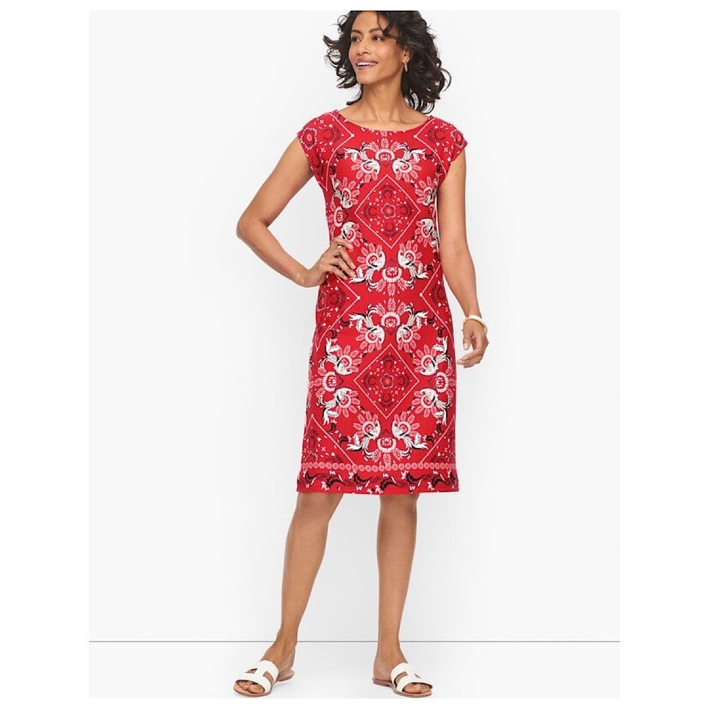 Talbots Jersey Shift Dress Women M Red Bandana Peacock Print Detail